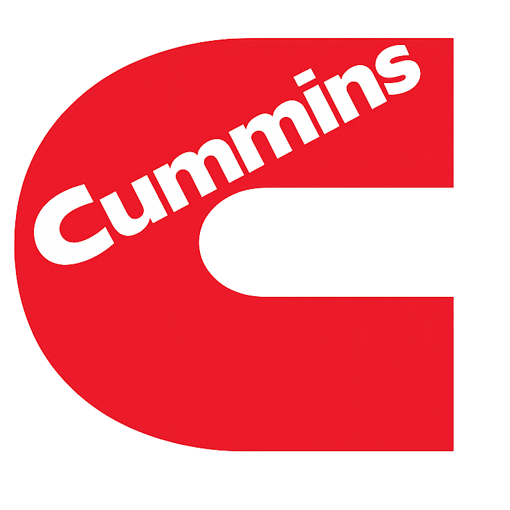 Cummins logo in white text on a red background shaped like a letter C